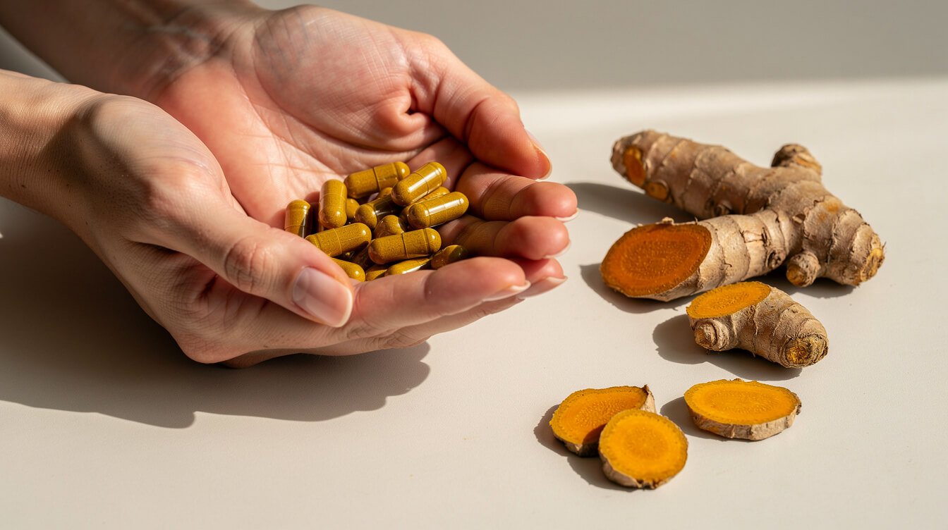 Hands holding turmeric capsules alongside fresh turmeric root for mindful supplementation