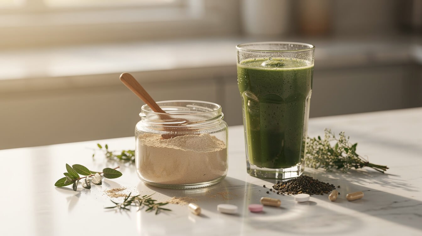 daily adaptogen supplement routine with morning smoothie and herbs