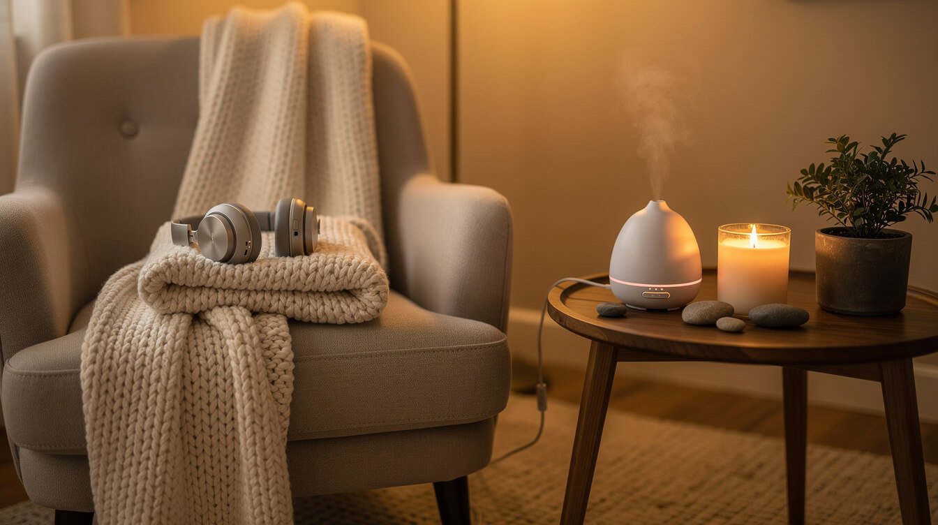 cozy home wellness setup for frequency healing practice