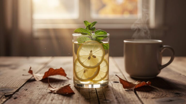 Hydration myths — glass of lemon water and herbal tea in warm autumn light