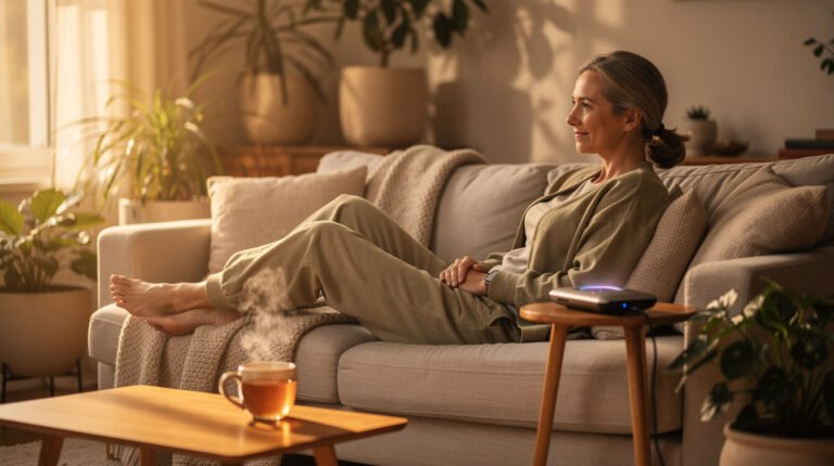 Terapia PEMF en casa: una mujer tranquila se relaja con un dispositivo de bienestar.