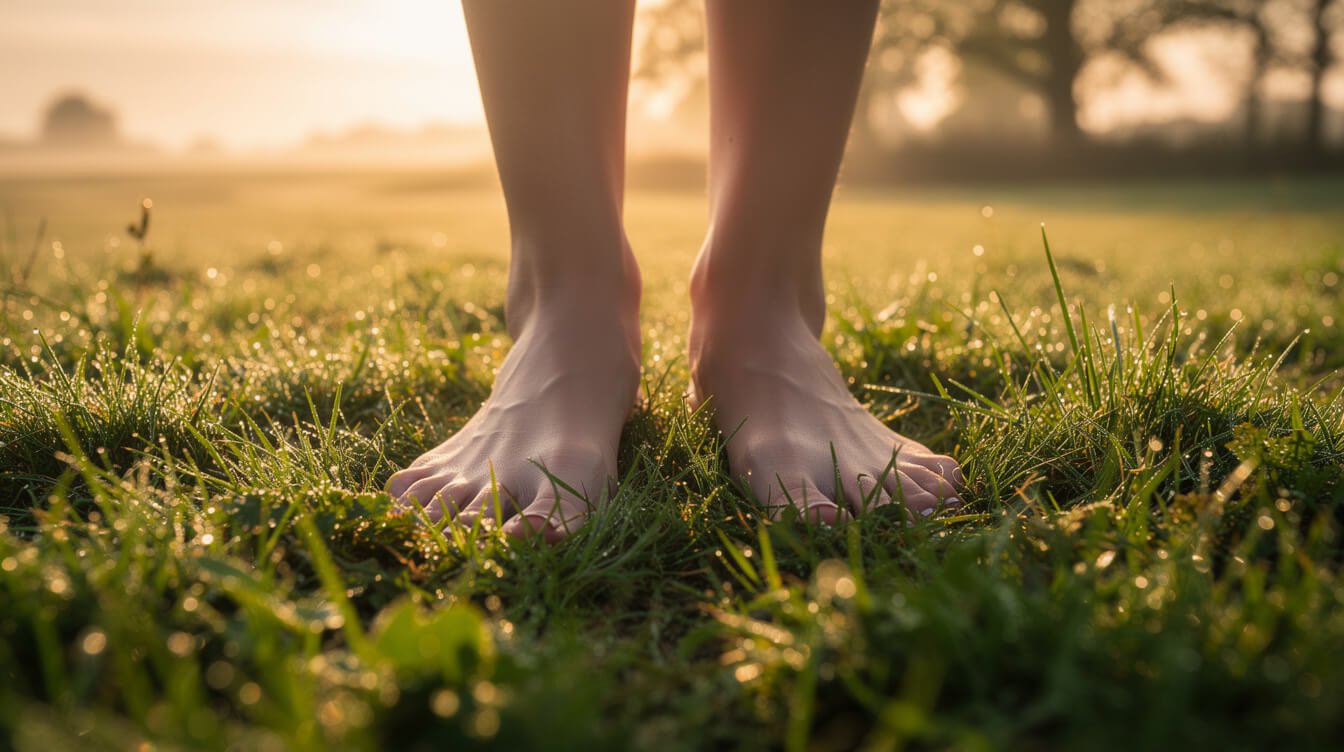 bare feet grounding on grass, the principle behind earthing sheets