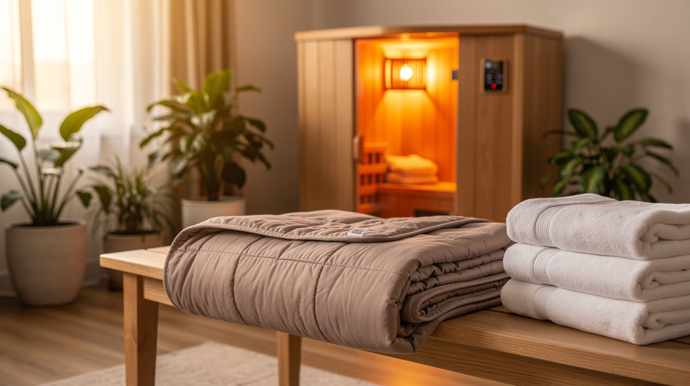 far infrared products including sauna blanket and mat in a home wellness space