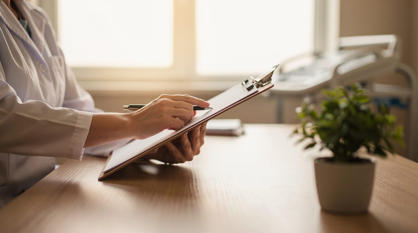 A caring conventional medicine clinician reviewing notes in a warm office