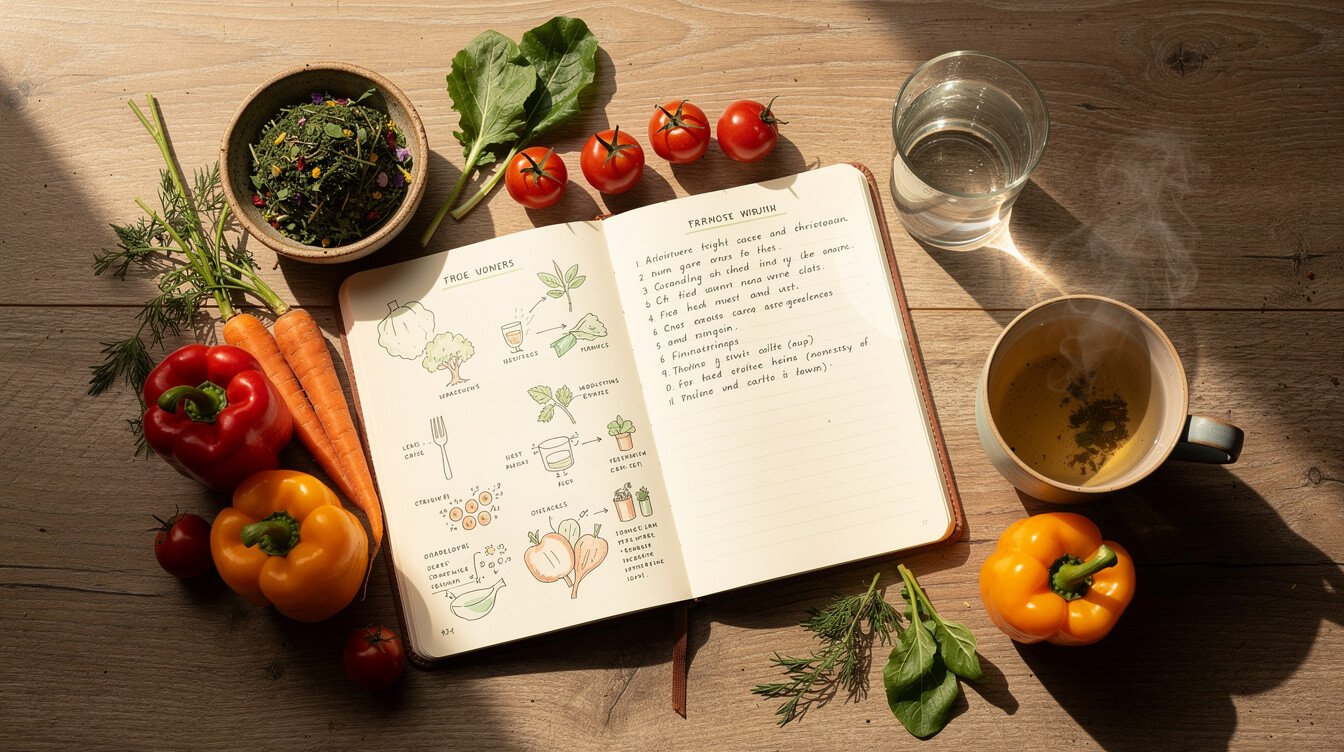 A functional medicine consultation table with a notebook, fresh vegetables, and herbal tea