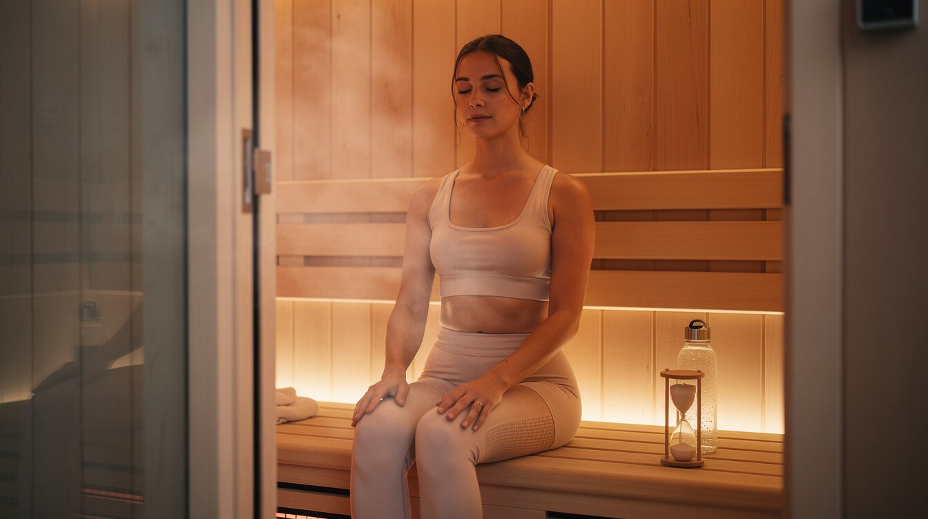 Calm person using an infrared sauna with water and a timer for recovery