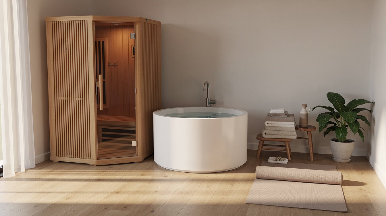 Infrared sauna, cold plunge, and yoga mat as home recovery tools