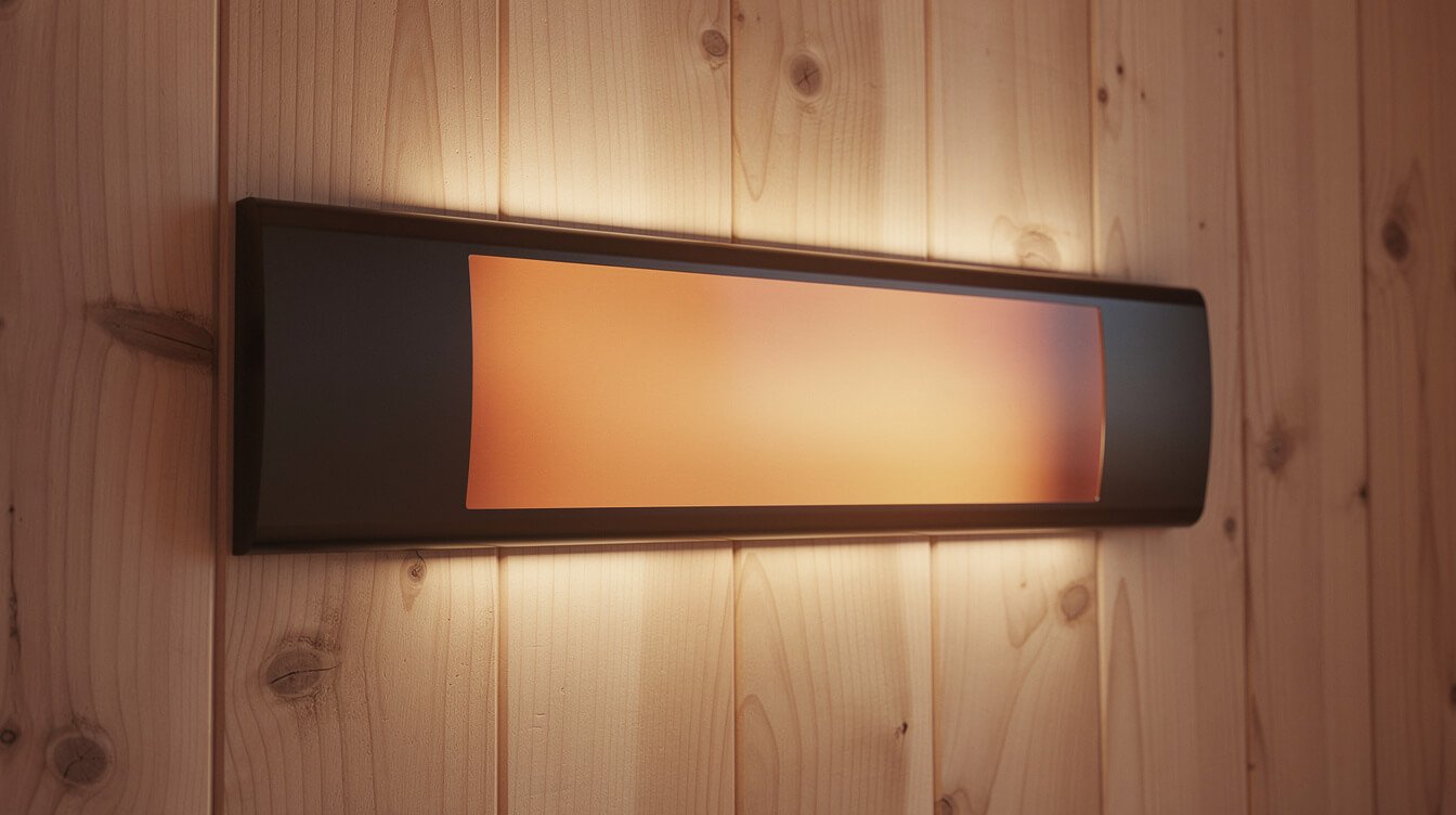 Infrared sauna panel glowing with warm amber light for muscle recovery