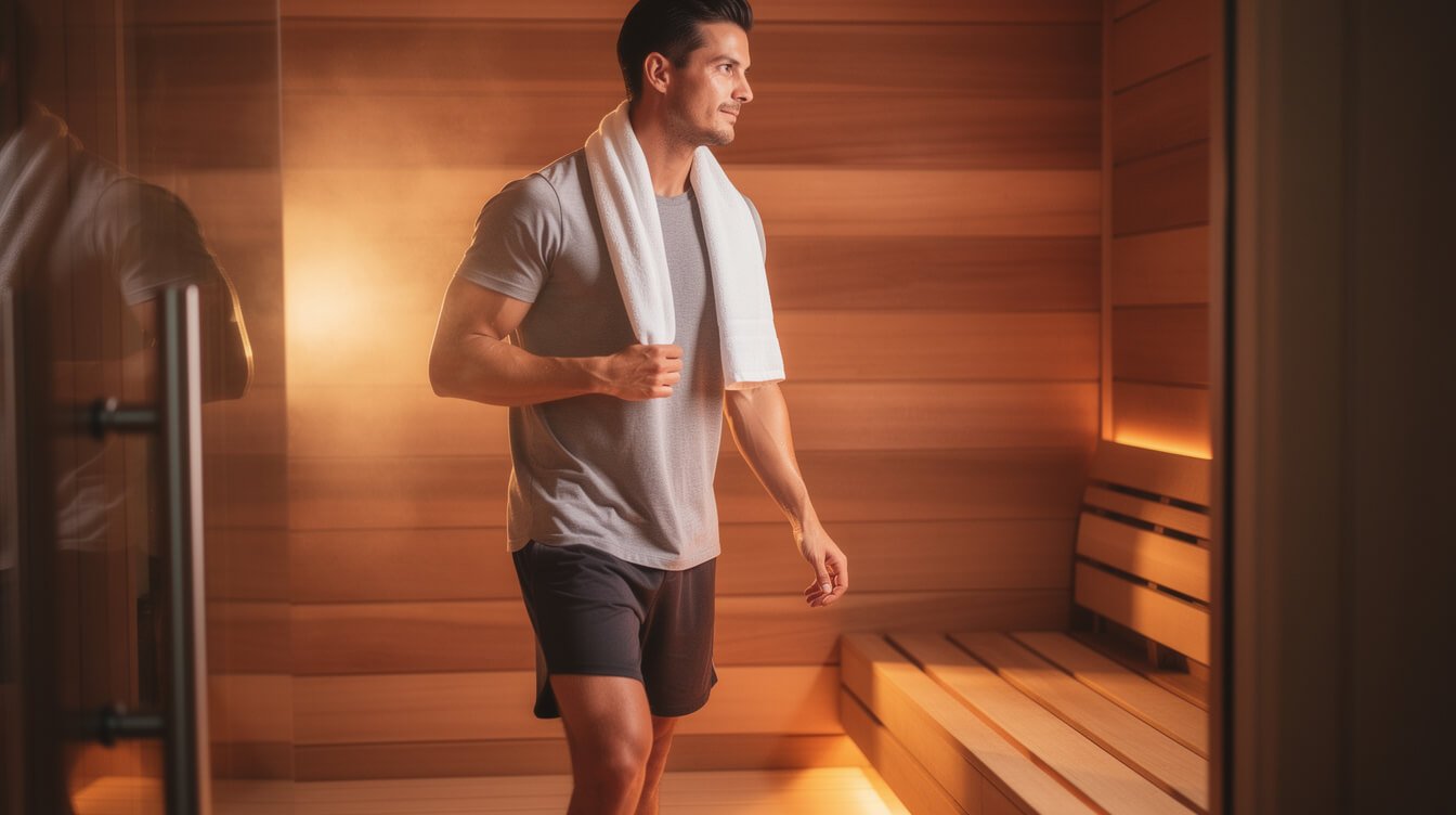 Person with a gym towel stepping into an infrared sauna after exercise