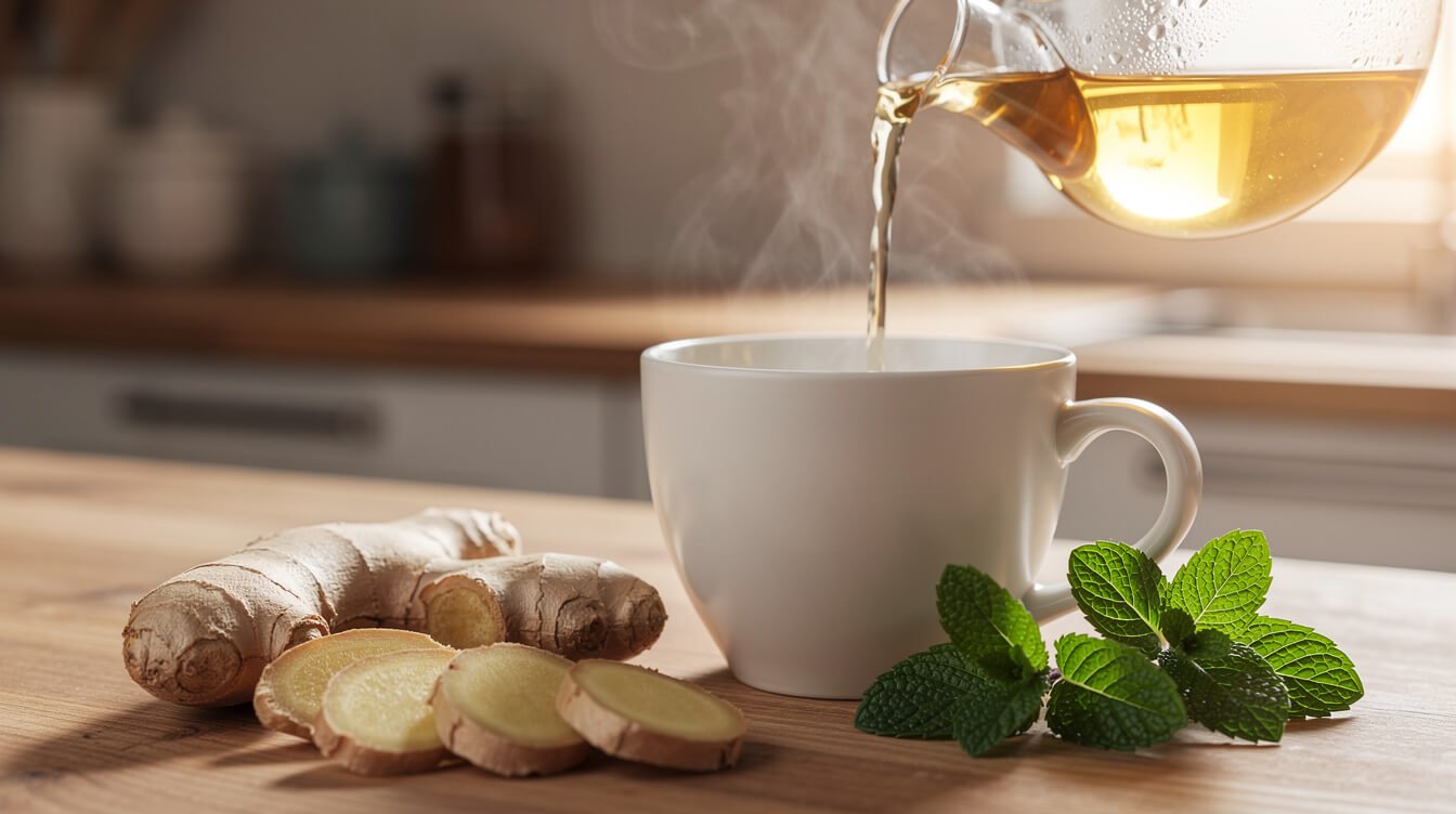 Soothing herbal tea poured into a cup with ginger and mint
