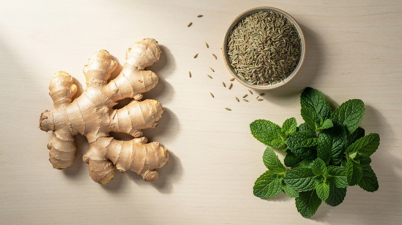 Fresh ginger, fennel seeds, and peppermint arranged for natural relief for stomach pain