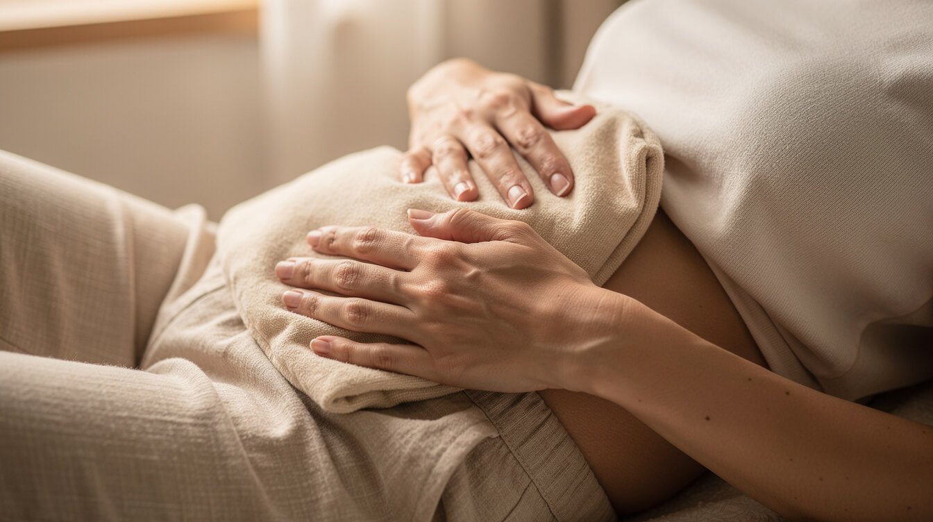 Hands holding a warm compress against the abdomen for comfort