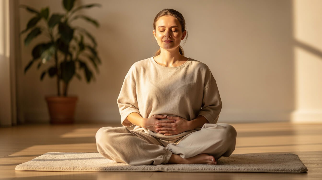 Calm person resting hands on their belly while breathing slowly