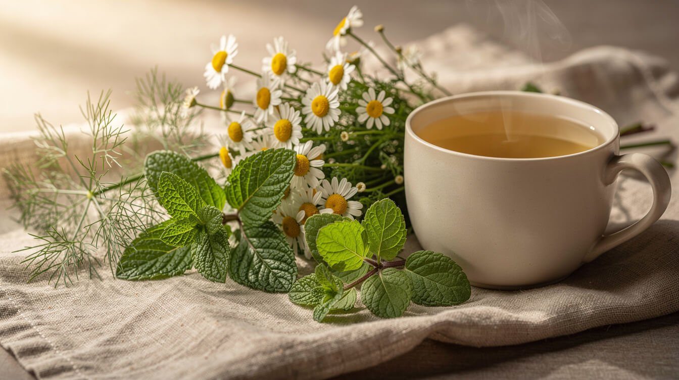 Chamomile, peppermint, fennel, and lemon balm arranged on linen for a soothing tea