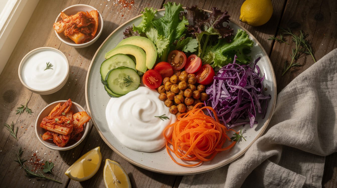 Plate of fiber-rich whole foods and fermented foods for gut health