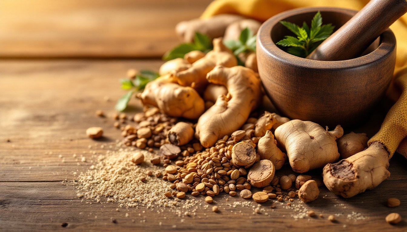 adaptogens for anxiety ashwagandha rhodiola holy basil on wood surface