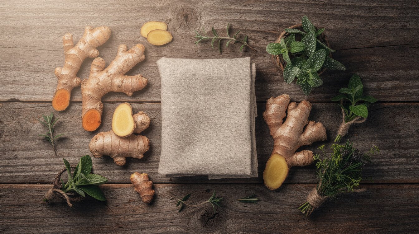 natural therapy for pain remedies including turmeric, ginger and a warm compress