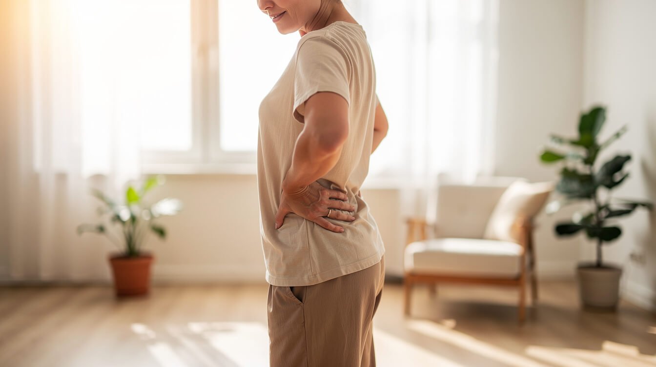 A person gently resting a hand on their lower back in a bright room, considering a PEMF mat for pain relief
