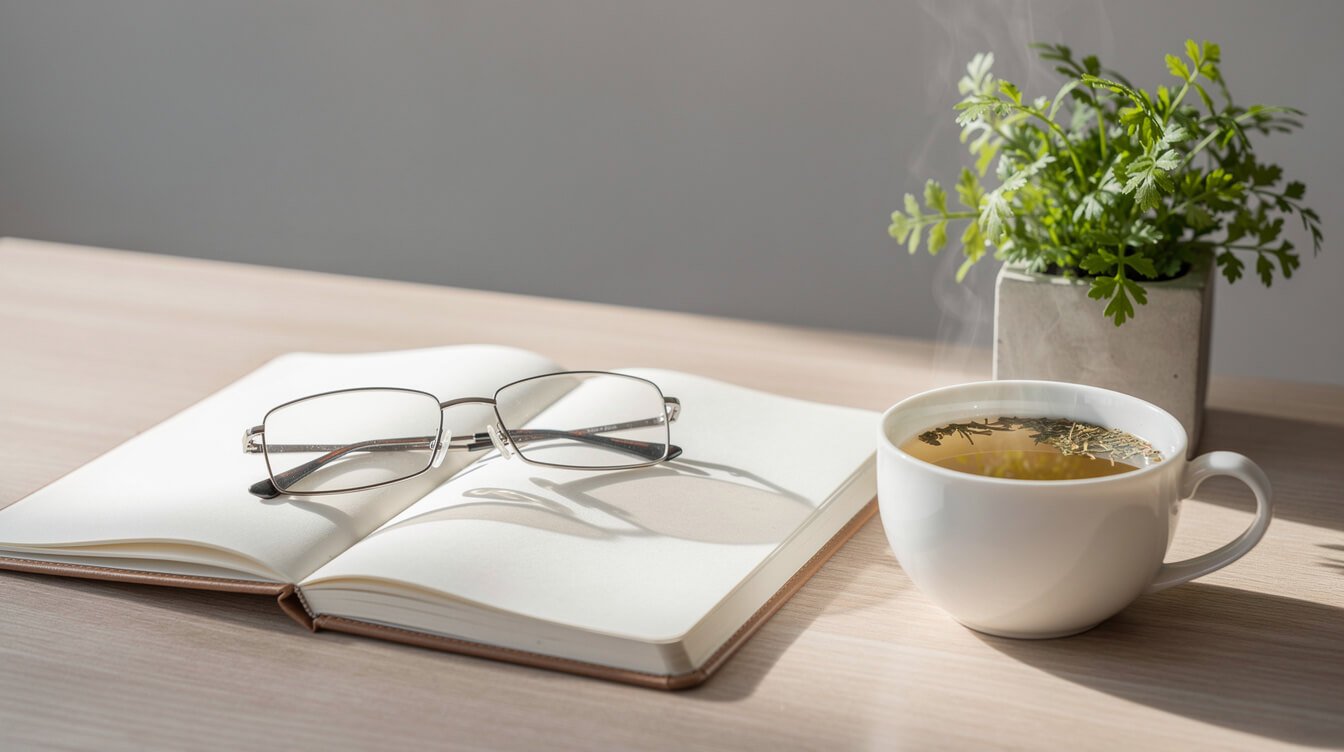 An open research notebook and herbal tea representing evidence-based review of a PEMF mat for pain relief