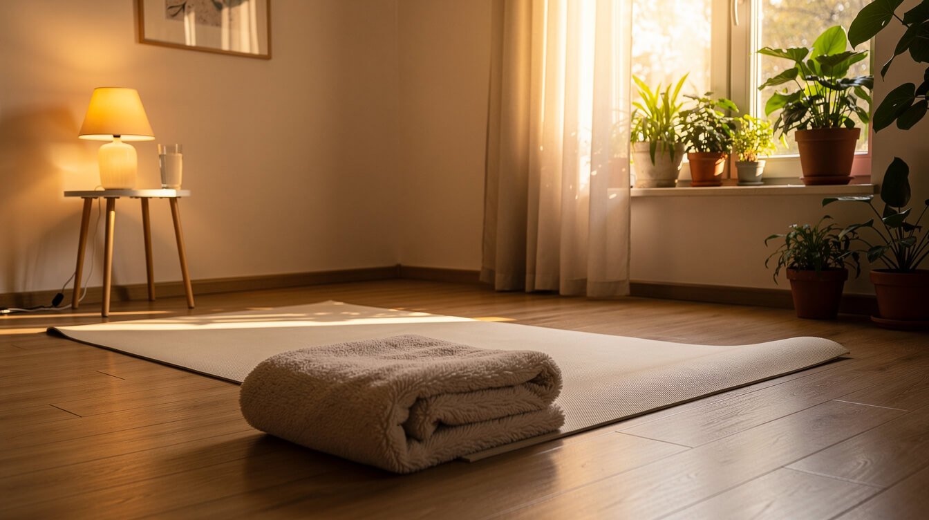 A cozy home wellness setup with a therapeutic mat and warm lamp for a PEMF session