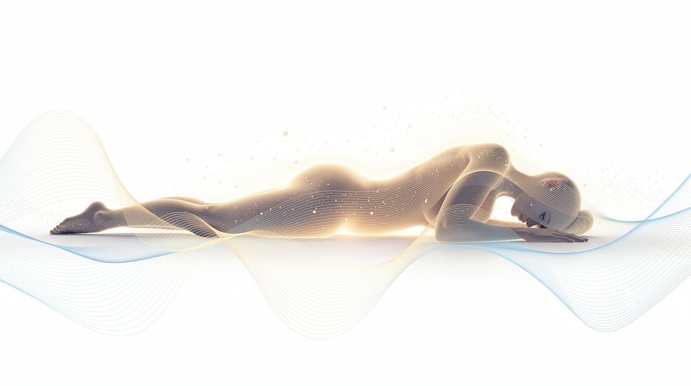 Gentle electromagnetic waves flowing over a resting body, illustrating how a PEMF mat may support the body