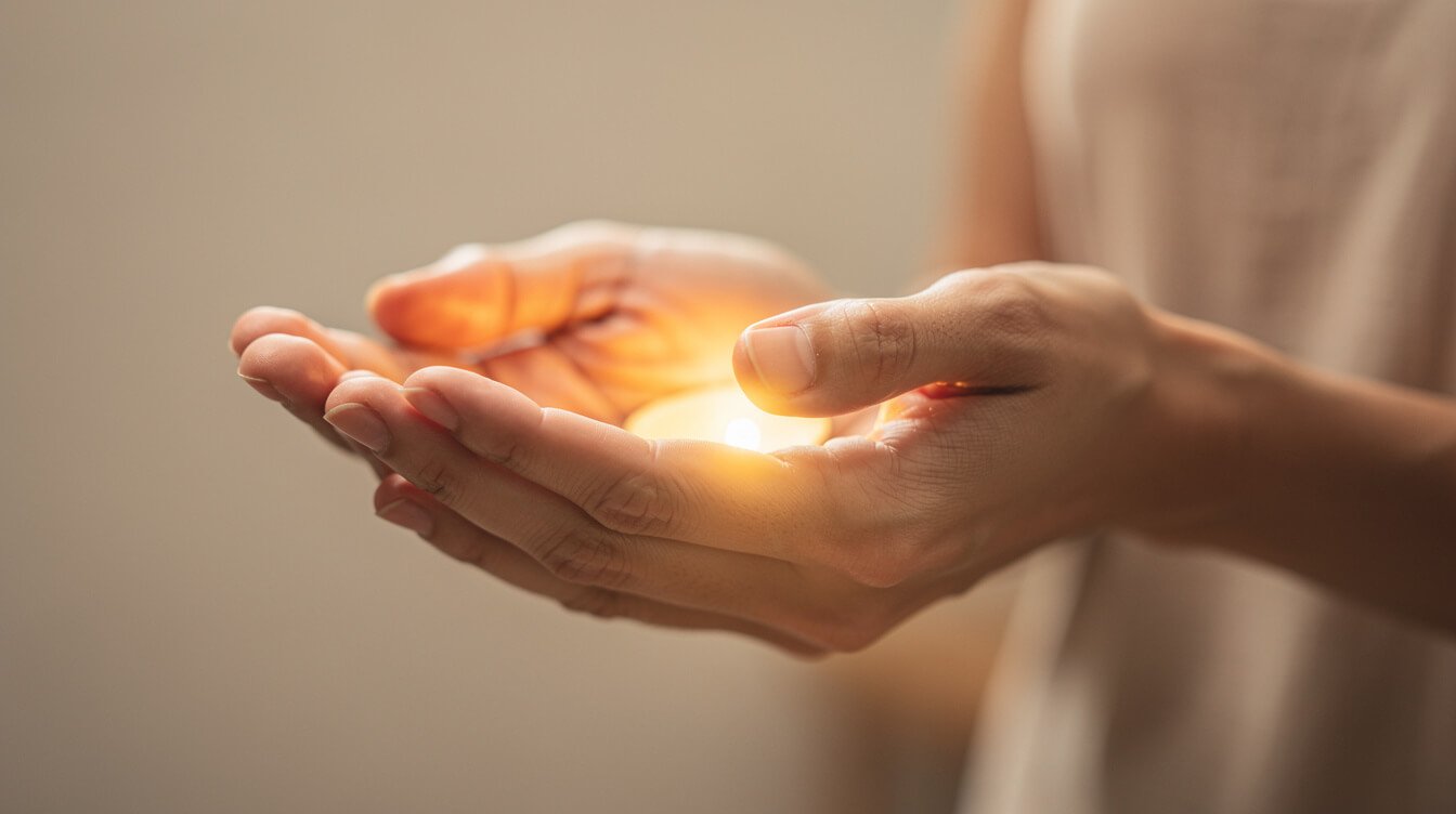 Hands cupping a soft warm light representing gentle, safe use of a PEMF mat
