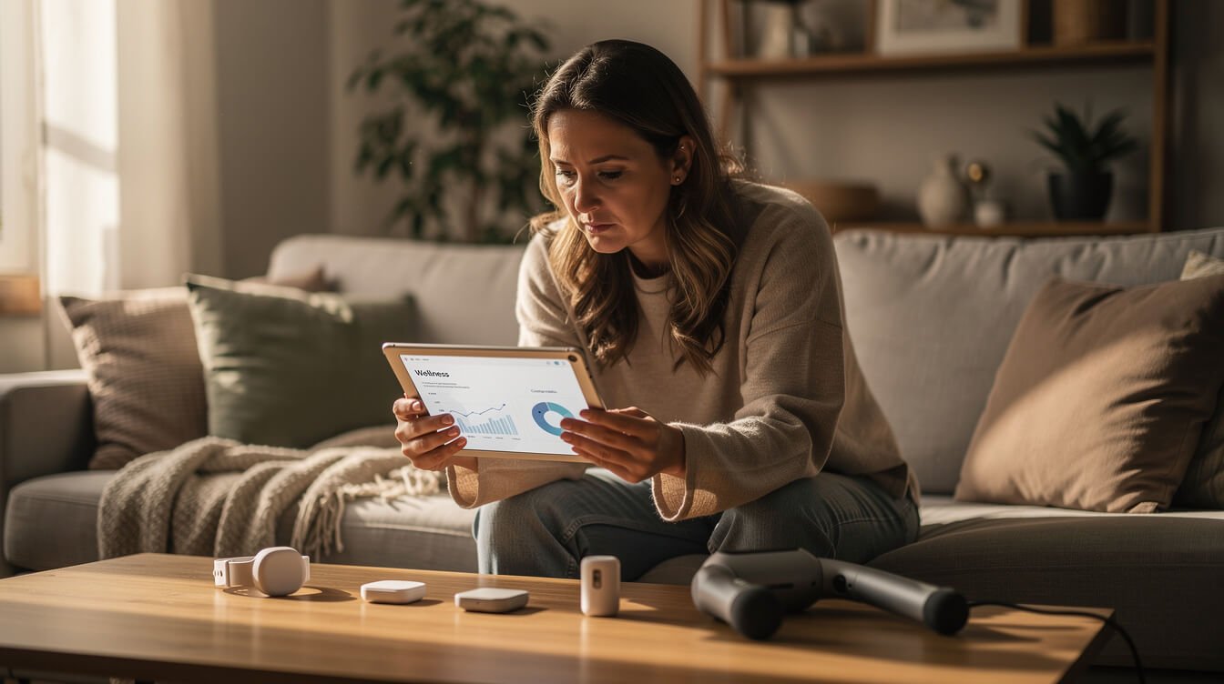 persona compara cuidadosamente los dispositivos de bienestar antes de comprarlos