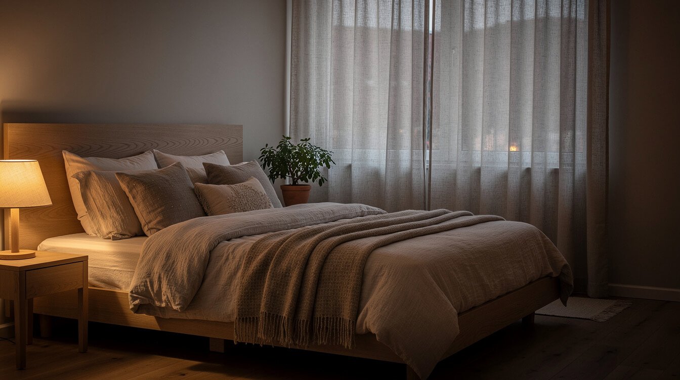 A cool, dark bedroom set up for deep sleep