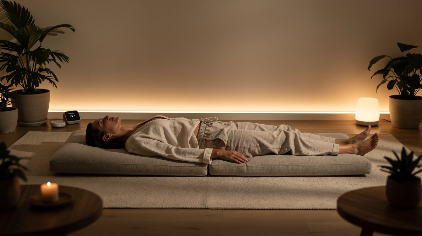Person relaxing during a frequency wellness session to support the vagus nerve