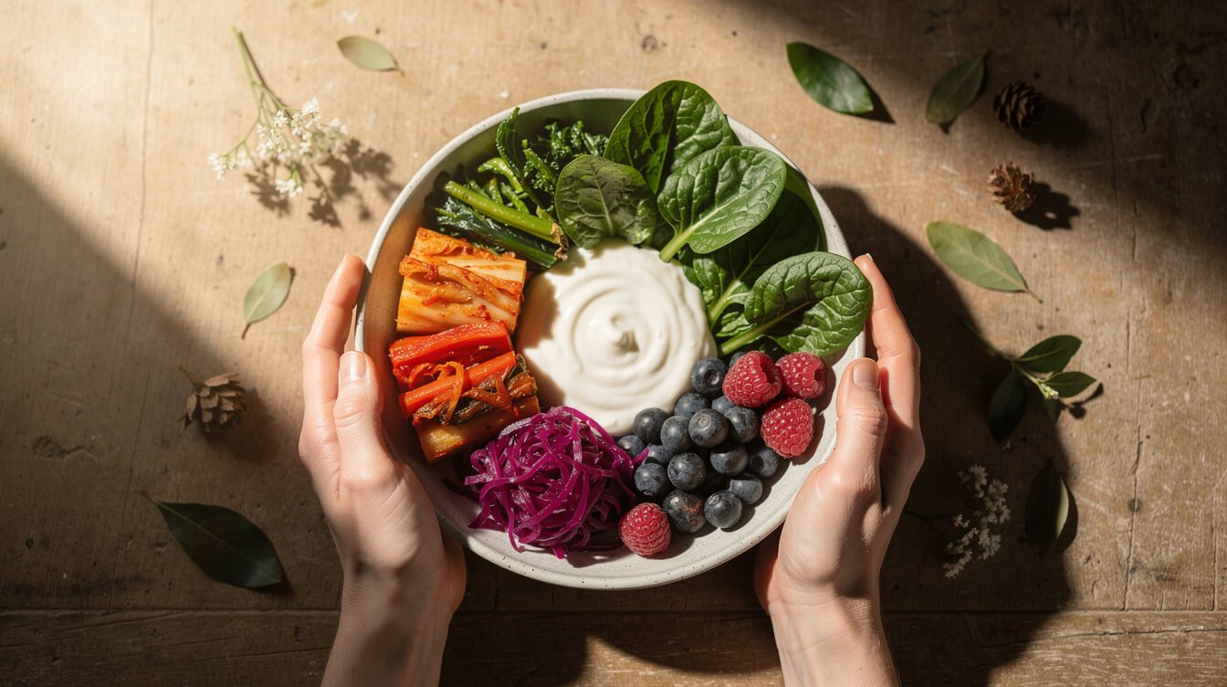 Bowl of gut-friendly fermented foods that may support the gut-vagus connection