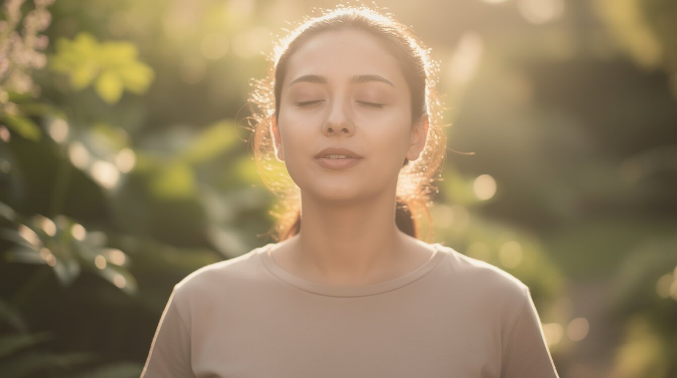 vagus nerve exercises for instant calm, woman practicing slow exhale breathing outdoors