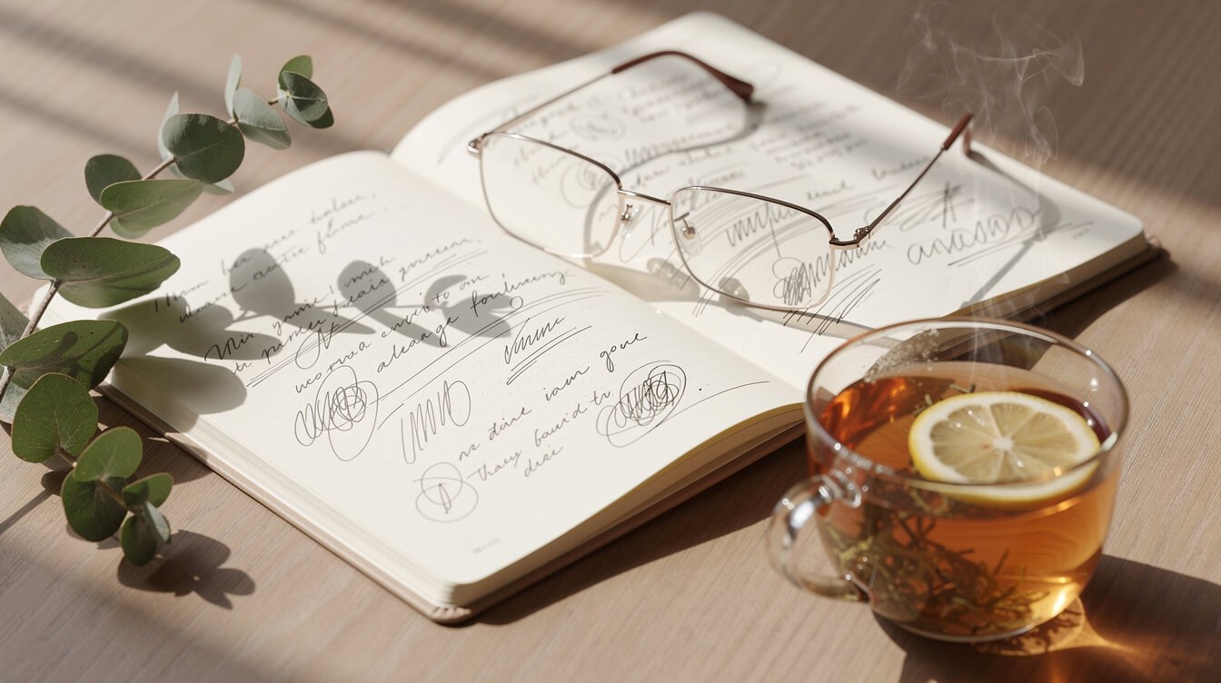 Cuaderno y té de hierbas sobre un escritorio soleado para revisar la investigación sobre la esterilla de acupresión.