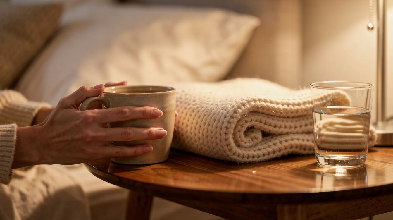 Té caliente, agua y una manta suave para un momento de autocuidado nocturno.