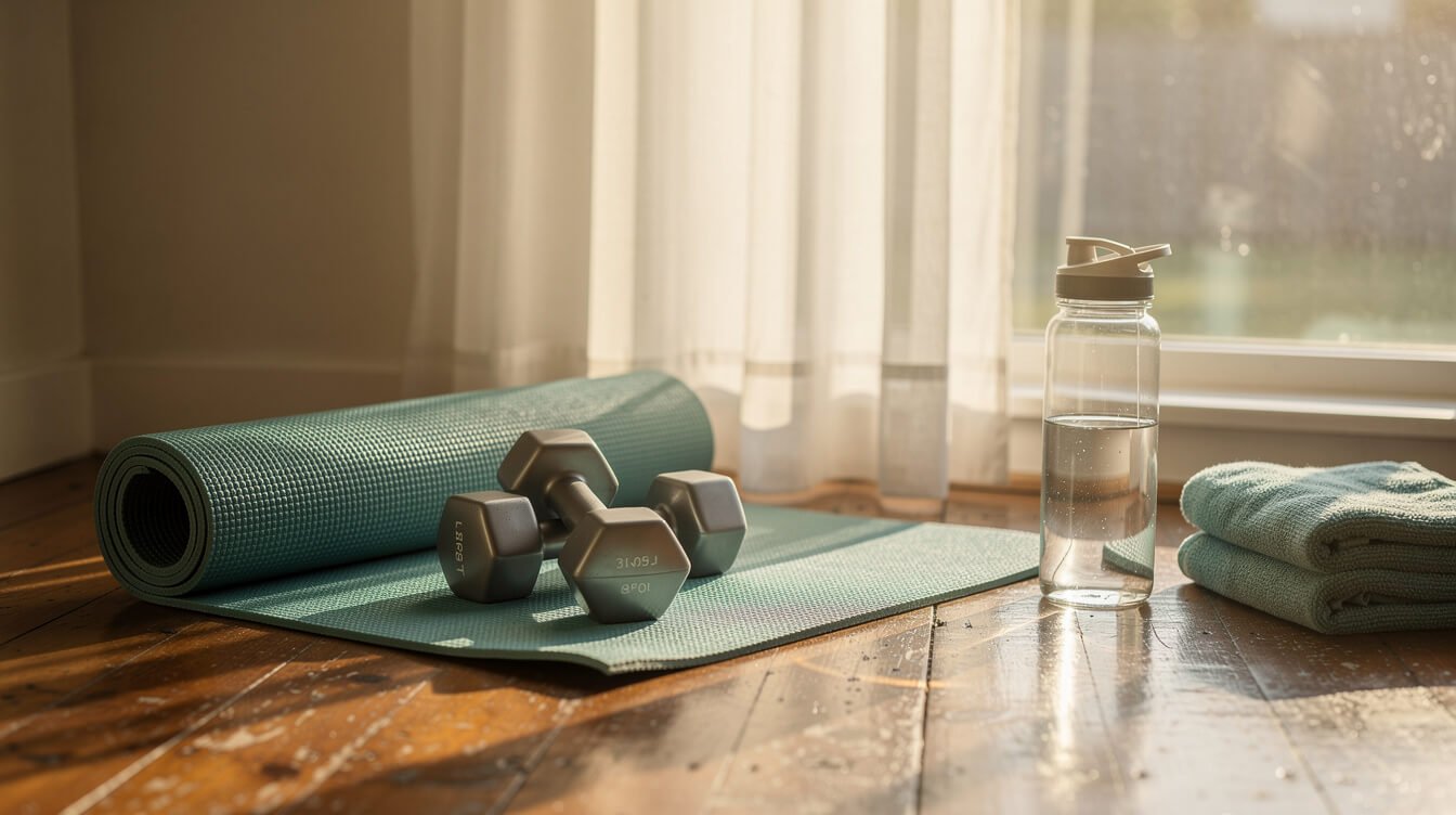 Tạ tay và thảm yoga trong một phòng tập thể dục tại nhà yên tĩnh.