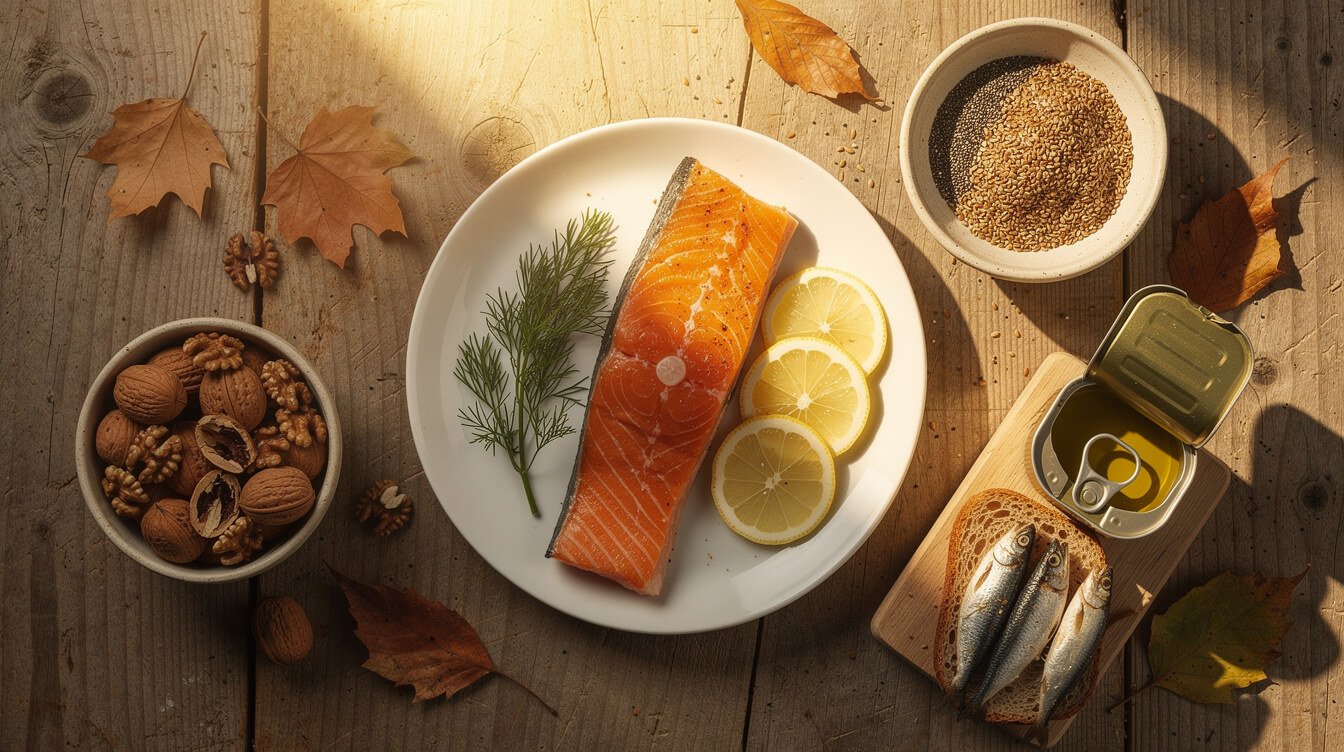Omega-3 rich foods on a rustic table: salmon with lemon and dill, walnuts, chia and flaxseed, and sardines on toast