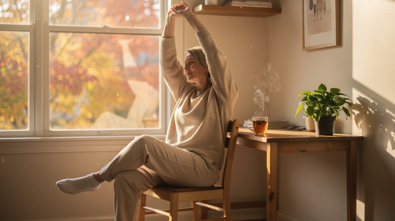 Woman stretching her arms overhead at a wooden desk by a sunny autumn window with herbal tea
