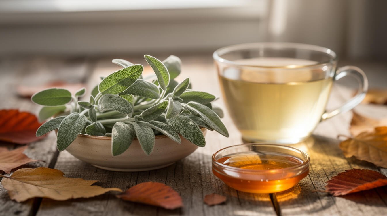 Hojas frescas de salvia del jardín en un cuenco de cerámica junto a una taza de cristal con té de salvia y miel sobre una mesa rústica con hojas de otoño.