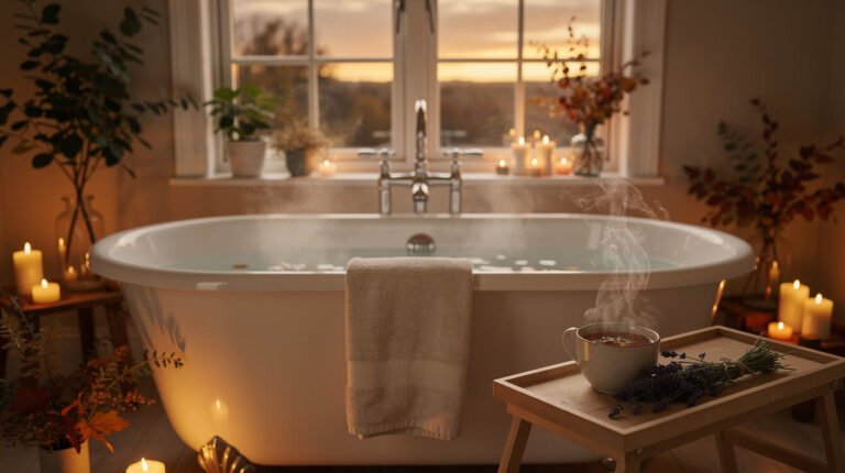 Steaming freestanding bathtub with herbal tea and lavender on a wooden tray in warm autumn evening candlelight