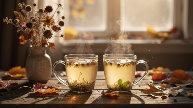 Dos tazas de té de hierbas sobre una mesa de madera bajo una cálida luz otoñal.