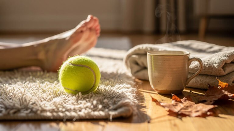 Tennis ball self-massage at home: a tennis ball on a soft rug beside relaxed bare feet, herbal tea and autumn leaves