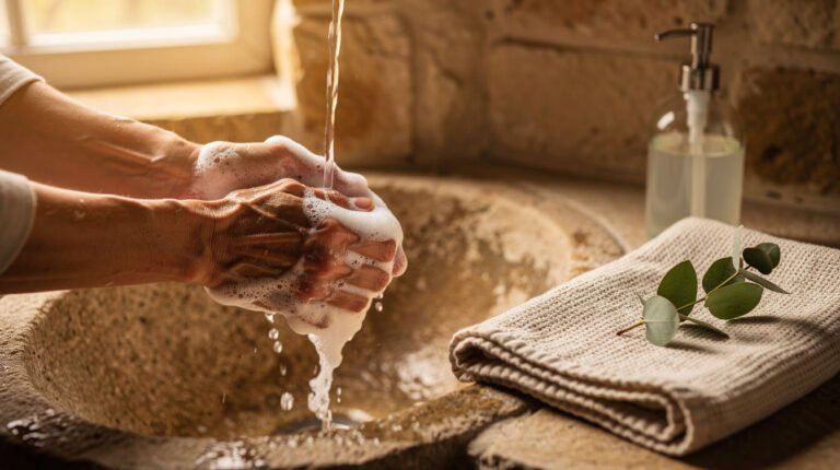 Rửa tay với bọt xà phòng dưới vòi nước ấm đang chảy tại một bồn rửa bằng đá mộc mạc trong ánh sáng mùa thu.