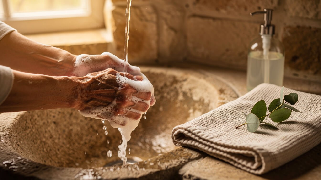 Hands washing with soap lather under warm running water at a rustic stone sink in autumn light