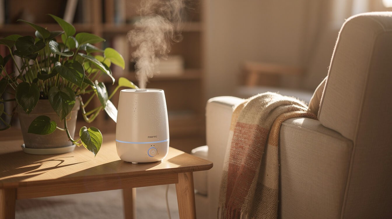 Humidificador de vapor frío y planta de interior que añaden humedad al aire interior en una acogedora sala de estar otoñal.
