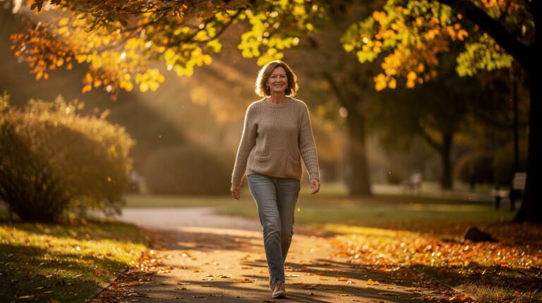 Una mujer camina por un sendero frondoso de un parque bajo la luz dorada del otoño, disfrutando del tiempo en la naturaleza.