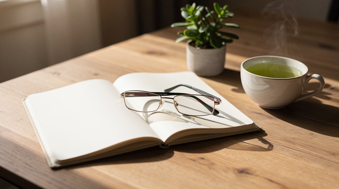 Notebook and reading glasses on a sunlit desk for reviewing eye massager research