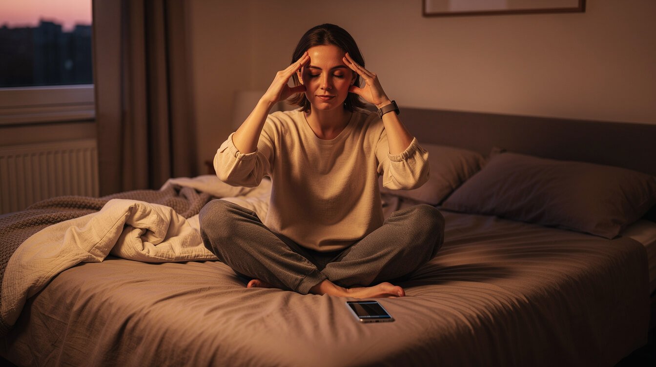 Woman gently pressing her temples during an evening wind-down routine