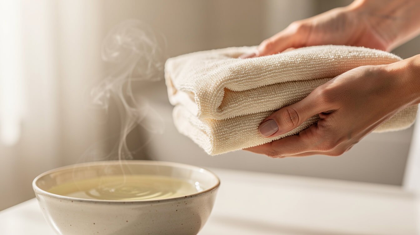 Warm folded washcloth over a bowl of warm water for gentle eye care