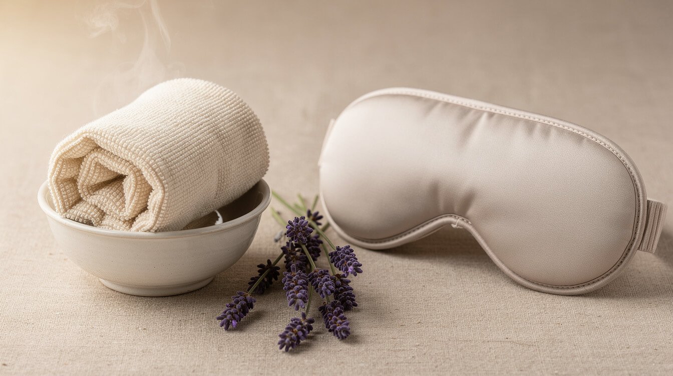 Warm washcloth compress beside a soft padded eye mask