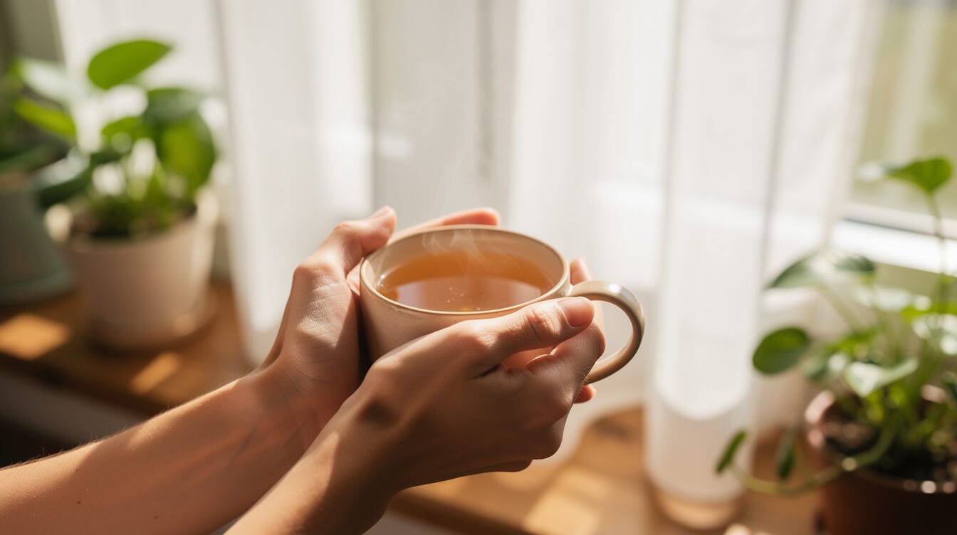 manos sosteniendo una taza de té de hierbas caliente junto a una ventana soleada