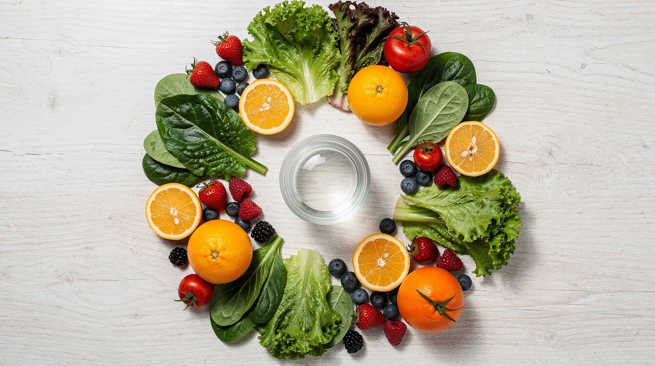 Verduras frescas, frutas y agua dispuestas para una desintoxicación completa del cuerpo.